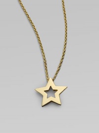 From the Tiny Treasure Collection. A bright, shiny star of 18k yellow gold with open star center matches your own unique, star power. 18k yellow gold Chain length adjusts from about 16 to 18 Pendant length, about ½ Lobster clasp Made in Italy From the Tiny Treasure Collection. A bright, shiny star of 18k yellow gold with open star center matches your own unique, star power. 18k yellow gold Chain length adjusts from about 16 to 18 Pendant length, about ½ Lobster clasp Made in Italy