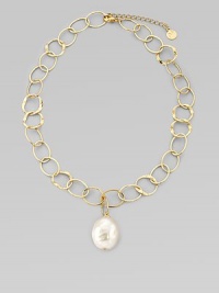 A large, lovely baroque pearl is suspended from a chain of hammered open links. 22mm white baroque organic man-made pearl 18k goldplated sterling silver Length, about 16 with 2 extender Lobster clasp Made in Spain A large, lovely baroque pearl is suspended from a chain of hammered open links. 22mm white baroque organic man-made pearl 18k goldplated sterling silver Length, about 16 with 2 extender Lobster clasp Made in Spain