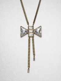 Faceted rhinestones add interest to this sweet bow style on a link chain. Glass stonesBrassLength, about 25.9Pendant size, about 3.5Spring ring closureImported Faceted rhinestones add interest to this sweet bow style on a link chain. Glass stonesBrassLength, about 25.9Pendant size, about 3.5Spring ring closureImported