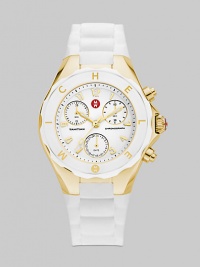 A sporty chronograph timepiece with goldplated stainless steel accents and silicone strap.Swiss quartz movement Water resistant to 5 ATM Logo bezel Round, goldplated stainless steel case, 40mm, (1.49) K-1 mineral crystal White chronograph dial Numeral hour markers Second hand Silicone strap Imported A sporty chronograph timepiece with goldplated stainless steel accents and silicone strap.Swiss quartz movement Water resistant to 5 ATM Logo bezel Round, goldplated stainless steel case, 40mm, (1.49) K-1 mineral crystal White chronograph dial Numeral hour markers Second hand Silicone strap Imported