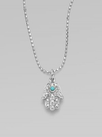 The open hand, a traditional symbol of protection, set with pavé diamonds and a vibrant turquoise center on a 14k white gold ball chain.Diamonds, 0.06 tcw 14k yellow gold Chain length, about 16 Pendant length, about ½ Lobster clasp Imported The open hand, a traditional symbol of protection, set with pavé diamonds and a vibrant turquoise center on a 14k white gold ball chain.Diamonds, 0.06 tcw 14k yellow gold Chain length, about 16 Pendant length, about ½ Lobster clasp Imported