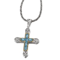 925 Silver & Blue Topaz Celtic Cross Pendant with 18k Gold Accents 925 Silver & Blue Topaz Celtic Cross Pendant with 18k Gold Accents