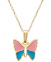 The perfect gift for the little girl who loves butterflies. This sweet pendant features a splash of pink and blue enamel set in 14k gold. Approximate length: 16 inches. Approximate drop: 1/2 inch.