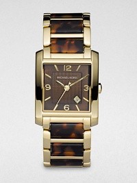 A seamless fusion of goldplated stainless steel and tortoise acetate for an ultra-chic timepiece.Quartz movement Water resistant to 5 ATM Goldplated stainless steel square case, 29mm x 30mm, (1.14 x 1.18) Chocolate brown dial Arabic numeral and index hour markers Date display between 4 and 5 o'clock Second hand Goldplated stainless steel and tortoise acetate link bracelet Imported 