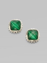 From the Venus Collection. Beautiful faceted malachite stones set in sterling silver. Sterling silver Size, about ½ Monster back with 14k gold post Imported From the Venus Collection. Beautiful faceted malachite stones set in sterling silver. Sterling silver Size, about ½ Monster back with 14k gold post Imported
