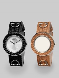EXCLUSIVELY AT SAKS. From the U-Play Collection. Interlocking G brushed silver dial with an interchangeable strap and bezel.Quartz movement Water resistant to 3 ATM Lizard bezel Round stainless steel case, 35mm, (1.37) Sapphire crystal Silver sun-brushed dial with interlocking G Lizard strap Includes additional strap and bezel Ardillon buckle Made in Switzerland EXCLUSIVELY AT SAKS. From the U-Play Collection. Interlocking G brushed silver dial with an interchangeable strap and bezel.Quartz movement Water resistant to 3 ATM Lizard bezel Round stainless steel case, 35mm, (1.37) Sapphire crystal Silver sun-brushed dial with interlocking G Lizard strap Includes additional strap and bezel Ardillon buckle Made in Switzerland