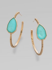 From the Trujillo Collection. A slender beaded hoop is richly punctuated by a faceted, teardrop-shaped doublet combining turquoise with a layer of rock crystal for a softer tone.Turquoise and rock crystalBronzeDiameter, about 1½Post backMade in USA From the Trujillo Collection. A slender beaded hoop is richly punctuated by a faceted, teardrop-shaped doublet combining turquoise with a layer of rock crystal for a softer tone.Turquoise and rock crystalBronzeDiameter, about 1½Post backMade in USA