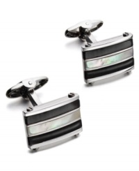 Show your true stripes. Perfect your work look with the addition of these sleek rectangular cuff links. Set in sterling silver with a striped design in Mother of Pearl and X. Approximate length: 3/4 inch. Approximate width: 1/2 inch. Show your true stripes. Perfect your work look with the addition of these sleek rectangular cuff links. Set in sterling silver with a striped design in Mother of Pearl and X. Approximate length: 3/4 inch. Approximate width: 1/2 inch.