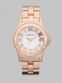 Colorful crystals accent the logo dial on this simply chic, stainless steel style. Quartz movementWater resistant to 5 ATMRound rose goldtone ion-plated stainless steel case, 40mm (1.6) Smooth bezelWhite dialCrystal accented and smooth logo hour markersSecond hand Rose goldtone ion-plated stainless steel link braceletImported Colorful crystals accent the logo dial on this simply chic, stainless steel style. Quartz movementWater resistant to 5 ATMRound rose goldtone ion-plated stainless steel case, 40mm (1.6) Smooth bezelWhite dialCrystal accented and smooth logo hour markersSecond hand Rose goldtone ion-plated stainless steel link braceletImported