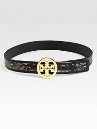 A radiant goldtone, logo buckle with a chic, leather trimmed, snake-print design. Width, about 1½Made in USA A radiant goldtone, logo buckle with a chic, leather trimmed, snake-print design. Width, about 1½Made in USA