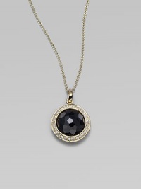 From the Lollipop Collection. A faceted black onyx, framed in diamonds, hanging on a graceful chain. Black onyx Diamonds, 0.14 tcw 18k yellow gold Chain length, about 16 with 2 extender Pendant diameter, about ½ Lobster clasp Imported