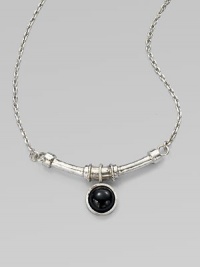 A single, glossy dome of black agate on a curved bar and a link chain. SilvertoneBlack agateLength, about 18Pendant size, about ½Lobster clasp closureMade in USA A single, glossy dome of black agate on a curved bar and a link chain. SilvertoneBlack agateLength, about 18Pendant size, about ½Lobster clasp closureMade in USA
