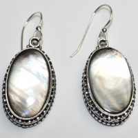 Vintage Hand Engraved Mother Of Pearl Gemstone Sterling Silver Earrings