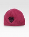 A cozy knit topper featuring a jeweled appliqué heart.Wool/Rayon/Nylon/CashmereOne size fits mostDry cleanImported