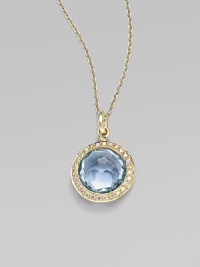 From the Lollipop Collection. A beautifully colored faceted blue topaz, framed in diamonds, hangs from a graceful 18k gold chain. Blue topaz Diamonds, 0.14 tcw 18k yellow gold Chain length, about 16 with 2 extender Pendant diameter, about ½ Spring ring clasp Imported From the Lollipop Collection. A beautifully colored faceted blue topaz, framed in diamonds, hangs from a graceful 18k gold chain. Blue topaz Diamonds, 0.14 tcw 18k yellow gold Chain length, about 16 with 2 extender Pendant diameter, about ½ Spring ring clasp Imported