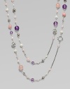 From the Bijoux Collection. An elegant chain of sterling silver, long enough to double, is richly accented by softly-hued rose quartz, pink chalcedony, lavender amethyst, and pearl.Rose quartz, pink chalcedony, lavender amethyst, and pearl Sterling silver Length, about 50 Toggle closure Imported