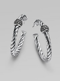 Striking cables of sterling silver, wrapped in rhodium-finished bands set with glittering pavé diamonds. Diamonds, 0.25 tcw Sterling silver Diameter, about 1½ Post back Made in USA Striking cables of sterling silver, wrapped in rhodium-finished bands set with glittering pavé diamonds. Diamonds, 0.25 tcw Sterling silver Diameter, about 1½ Post back Made in USA