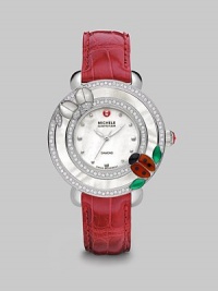 This limited edition timepiece boasts a diamond bezel with mother-of-pearl details on a luxurious alligator strap. Swiss quartz movementWater resistant to 5 ATMRound stainless steel case, 38mm (1.5)Diamond accented mother-of-pearl bezel, .52 tcwMother-of-pearl dialDot hour markersSecond hand Red alligator strap, 16mm wide (0.6)Imported This limited edition timepiece boasts a diamond bezel with mother-of-pearl details on a luxurious alligator strap. Swiss quartz movementWater resistant to 5 ATMRound stainless steel case, 38mm (1.5)Diamond accented mother-of-pearl bezel, .52 tcwMother-of-pearl dialDot hour markersSecond hand Red alligator strap, 16mm wide (0.6)Imported
