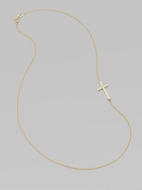 A wispy chain of 14k yellow gold features a cross pendant, punctuated by a single sparkling diamond, set askew for a modern edge.Diamond, .02 tcw 14k yellow gold Length, about 16 Pendant length, about ¾ Spring ring clasp Made in USA A wispy chain of 14k yellow gold features a cross pendant, punctuated by a single sparkling diamond, set askew for a modern edge.Diamond, .02 tcw 14k yellow gold Length, about 16 Pendant length, about ¾ Spring ring clasp Made in USA