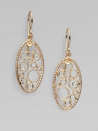 A delicate filigree-inspired oval, decorated in dazzling diamonds set in warm 18k rose gold. 18k rose goldDiamonds, .12 tcwDrop, about 2Hook backMade in Italy A delicate filigree-inspired oval, decorated in dazzling diamonds set in warm 18k rose gold. 18k rose goldDiamonds, .12 tcwDrop, about 2Hook backMade in Italy