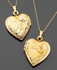 Give mom the best. This exquisite 14k gold heart-shaped locket features scroll molding and a rose with Mom inscribed in the center. The perfect gift for Mother's Day. Chain measures approximately 18 inches; drop measures approximately 1-1/4 inches. Give mom the best. This exquisite 14k gold heart-shaped locket features scroll molding and a rose with Mom inscribed in the center. The perfect gift for Mother's Day. Chain measures approximately 18 inches; drop measures approximately 1-1/4 inches.
