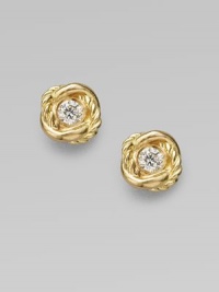 From the Infinity collection. Sparkling diamonds are encased in intertwining bands, one smooth, one cabled, of 18k yellow gold.Diamonds, 0.14 tcw 18k yellow gold Diameter, about ¼ Post back Imported From the Infinity collection. Sparkling diamonds are encased in intertwining bands, one smooth, one cabled, of 18k yellow gold.Diamonds, 0.14 tcw 18k yellow gold Diameter, about ¼ Post back Imported