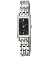 Everyday elegance that trumps trends. Energy-efficient solar-powered watch by Seiko crafted of brushed and polished stainless steel bracelet and rectangular case, 15mm. Black dial features silver tone stick indices, two hands and logo. Quartz movement. Water resistant to 30 meters. Three-year limited warranty. Everyday elegance that trumps trends. Energy-efficient solar-powered watch by Seiko crafted of brushed and polished stainless steel bracelet and rectangular case, 15mm. Black dial features silver tone stick indices, two hands and logo. Quartz movement. Water resistant to 30 meters. Three-year limited warranty.