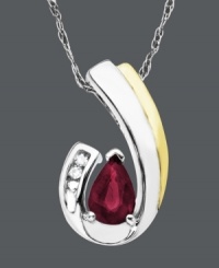 Style, shape, and a touch of sparkle. This swoop-shaped pendant cradles a bright, pear-cut ruby (5/8 ct. t.w.) and sparkling diamond accents. Crafted in sterling silver and 14k gold. Approximate length: 18 inches. Approximate drop: 7/10 inch.