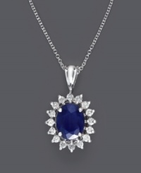 Unparalleled glamour. Royalty Inspired by Effy Collection's intricate oval-shaped pendant features a brilliant sapphire (2 ct. t.w.) surrounded by sparkling diamonds (3/8 ct. t.w.). Set in 14k white gold. Approximate length: 18 inches. Approximate drop: 3/4 inch. Unparalleled glamour. Royalty Inspired by Effy Collection's intricate oval-shaped pendant features a brilliant sapphire (2 ct. t.w.) surrounded by sparkling diamonds (3/8 ct. t.w.). Set in 14k white gold. Approximate length: 18 inches. Approximate drop: 3/4 inch.