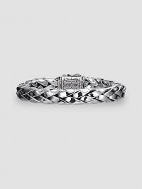 Hand woven silver design with signature 18K gold accent clasp. About 8½ long Dual locking clasp Made in USA Hand woven silver design with signature 18K gold accent clasp. About 8½ long Dual locking clasp Made in USA
