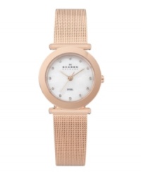Skagen Denmark's signature mesh stuns with rose-gold warmth. Rose-gold-plated stainless steel bracelet and round case. White mother-of-pear dial features crystal accents at markers, three rose-gold tone hands and logo. Quartz movement. Water resistant to 30 meters. Limited lifetime warranty. Skagen Denmark's signature mesh stuns with rose-gold warmth. Rose-gold-plated stainless steel bracelet and round case. White mother-of-pear dial features crystal accents at markers, three rose-gold tone hands and logo. Quartz movement. Water resistant to 30 meters. Limited lifetime warranty.