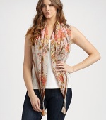 This square-shaped scarf features a gorgeous design in full bloom.Tassel detailsAbout 42 X 42SilkHand washImported
