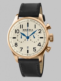 This watch marries contemporary design and allure in a stunning fusion of style and nostalgia, with a supple handmade Italian calfskin leather strap, whose patina will only get better with time and wear.Round bezelQuartz movementStainless steel case/rose gold IP: 44mm(1¾)Water resistant to 10ATMTwo-eye chronograph functionalitySecond handLeather strapMade in Italy This watch marries contemporary design and allure in a stunning fusion of style and nostalgia, with a supple handmade Italian calfskin leather strap, whose patina will only get better with time and wear.Round bezelQuartz movementStainless steel case/rose gold IP: 44mm(1¾)Water resistant to 10ATMTwo-eye chronograph functionalitySecond handLeather strapMade in Italy