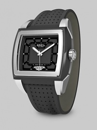 A sleek design in gleaming stainless steel with quartz precision, a square face and patterned black dial. Quartz movement Three-eye chronograph functionality Water resistant to 10 ATM Date function at 6 o'clock Second hand Stainless steel case: 38mm Perforated leather strap Made in Switzerland A sleek design in gleaming stainless steel with quartz precision, a square face and patterned black dial. Quartz movement Three-eye chronograph functionality Water resistant to 10 ATM Date function at 6 o'clock Second hand Stainless steel case: 38mm Perforated leather strap Made in Switzerland