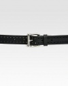 Perforated leather with a square buckle and embossed Gucci logo.Palladium hardwareLeatherAbout 1 wideMade in Italy