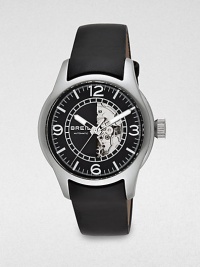 A handsome design with automatic movement in stainless steel casing and a sophisticated leather strap.Automatic movementRound bezelWater resistant to 10ATMSecond handStainless steel case: 41.5mm(1.63)Leather braceletImported A handsome design with automatic movement in stainless steel casing and a sophisticated leather strap.Automatic movementRound bezelWater resistant to 10ATMSecond handStainless steel case: 41.5mm(1.63)Leather braceletImported