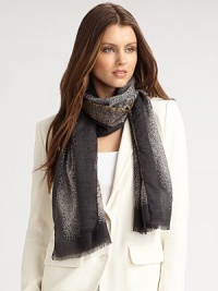 Cashmere blend scarf designed with pointillism dot technique. About 28 X 71 38% cashmere/32% silk/30% wool Dry clean Made in Italy Cashmere blend scarf designed with pointillism dot technique. About 28 X 71 38% cashmere/32% silk/30% wool Dry clean Made in Italy