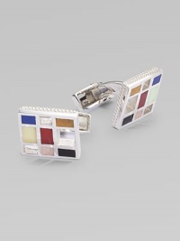 Rhodium-plated sterling silver set with semi-precious stones creating a mosaic masterpiece.Rhodium-plated sterling silverAbout ½ X ½ Made in the United Kingdom Rhodium-plated sterling silver set with semi-precious stones creating a mosaic masterpiece.Rhodium-plated sterling silverAbout ½ X ½ Made in the United Kingdom