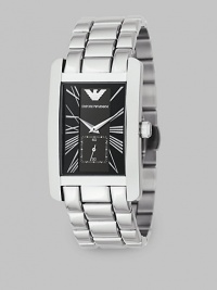 A solid stainless bracelet band offsets a black dial on this signature timepiece. Quartz movement Rectangular case Roman numeral markers Sub dial with second hand Imported A solid stainless bracelet band offsets a black dial on this signature timepiece. Quartz movement Rectangular case Roman numeral markers Sub dial with second hand Imported