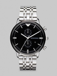 Polished perfection for the gentleman of style in striking stainless steel with a black dial.Round bezelQuartz movementWater resistant to 5ATMDate function at 4Second handStainless steel case: 43mm(1.69)Stainless steel braceletImported Polished perfection for the gentleman of style in striking stainless steel with a black dial.Round bezelQuartz movementWater resistant to 5ATMDate function at 4Second handStainless steel case: 43mm(1.69)Stainless steel braceletImported