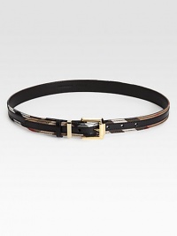 Signature Burberry checks outline this supple leather belt with goldtone buckle.Width, about 2Leather/CottonMade in Italy Signature Burberry checks outline this supple leather belt with goldtone buckle.Width, about 2Leather/CottonMade in Italy