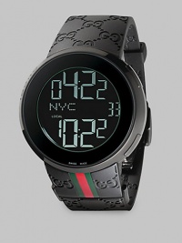 From the I-Gucci Collection. For jet setters and net surfers, a smart, sporty timepiece that lets you track two time zones at once, displaying them with digital grace. Swiss digital movement 44mm black PVD case Black embossed logo strap with signature color band Black dial with digital display, including date Water-resistant to 3ATM Imported From the I-Gucci Collection. For jet setters and net surfers, a smart, sporty timepiece that lets you track two time zones at once, displaying them with digital grace. Swiss digital movement 44mm black PVD case Black embossed logo strap with signature color band Black dial with digital display, including date Water-resistant to 3ATM Imported