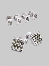A luxury set that appoints a formal look with polished style, defined by Swarovski crystal detail in rhodium-plated metal. Set includes 2 cuff links and 4 matching shirt studs Cuff links: about ¾ square Shirt studs: about ¼ square Imported 