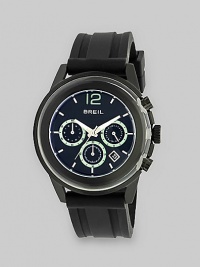 In black IP and stainless steel with a black rubber strap, this bold timepiece mixes sporty and stylish with ease.Quartz movementWater resistant to 10 ATMRound black IP and stainless steel case, 45mm (1.8)Smooth black IP bezelBlack dialThree chronograph sub-dialsBar markersSecond handBlack rubber strapImported