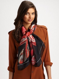 Bold tulips add a splash of color to this dark, silk scarf.SilkAbout 55 X 55Dry cleanMade in Italy Bold tulips add a splash of color to this dark, silk scarf.SilkAbout 55 X 55Dry cleanMade in Italy