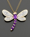 Dazzling dragonfly. A whimsical 14k gold pendant with round and oval-cut amethysts (1/4 ct. t.w.) and sparkling diamond-accented wings. Chain measures 18 inches.