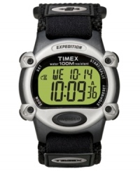 Strap on adventurous style. This Timex watch features a black velcro strap and round resin case. Digital dial and movement. Water resistant to 100 meters. One-year limited warranty. Strap on adventurous style. This Timex watch features a black velcro strap and round resin case. Digital dial and movement. Water resistant to 100 meters. One-year limited warranty.