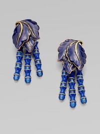 This boldly colored, hand-painted resin design features a trio of beaded drops. Hand-painted resin over brassPlastic beadsDrop, about 2½Clip-on backMade in USA This boldly colored, hand-painted resin design features a trio of beaded drops. Hand-painted resin over brassPlastic beadsDrop, about 2½Clip-on backMade in USA
