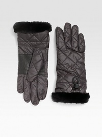 Trimmed in soft shearling, this quilted style mixes function and fashion. Leather palmElastic drawstring cuffDyed sheepskin shearlingFill: polyesterAbout 10½ longSpecialist dry cleanImportedFur origin: Spain Trimmed in soft shearling, this quilted style mixes function and fashion. Leather palmElastic drawstring cuffDyed sheepskin shearlingFill: polyesterAbout 10½ longSpecialist dry cleanImportedFur origin: Spain