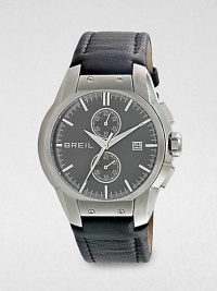 A sophisticated, quartz chronograph design with stainless steel casing and a handsome leather strap. Case, 1¾ 10 ATM water resistant Date display at 3 o'clock Quartz movement Imported A sophisticated, quartz chronograph design with stainless steel casing and a handsome leather strap. Case, 1¾ 10 ATM water resistant Date display at 3 o'clock Quartz movement Imported